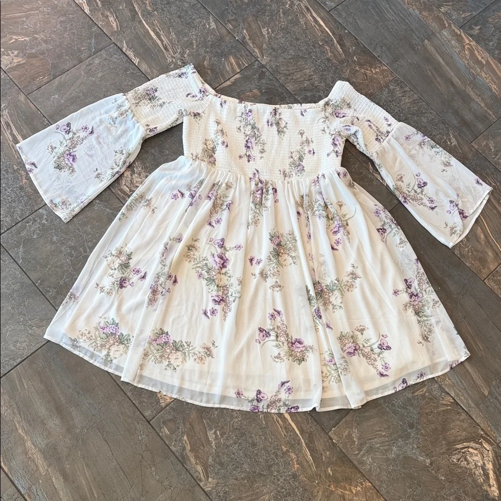 Torrid ivory and purple floral smocked chiffon off-the-shoulder dress - Picture 5 of 15